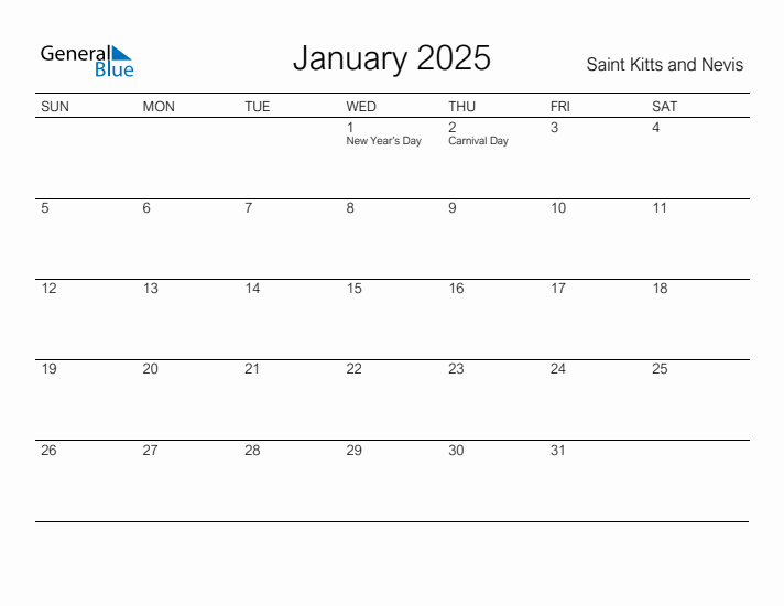 Printable January 2025 Calendar for Saint Kitts and Nevis