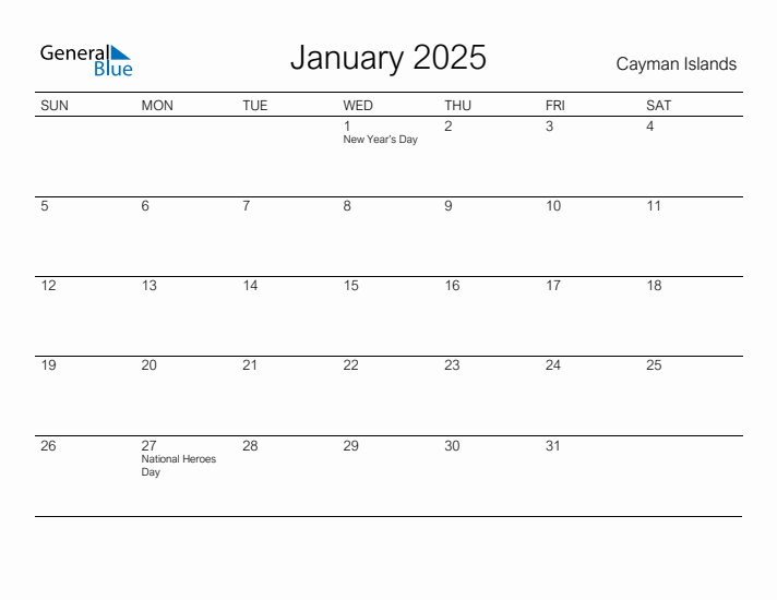Printable January 2025 Calendar for Cayman Islands