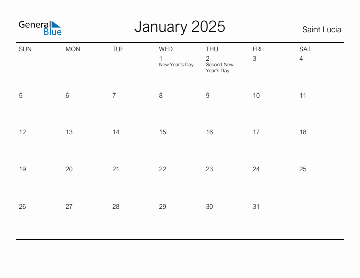 Printable January 2025 Calendar for Saint Lucia