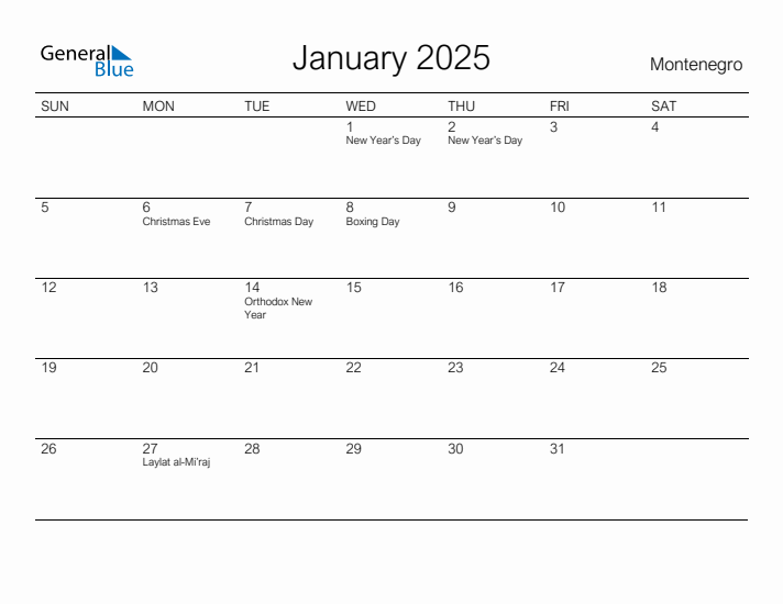 Printable January 2025 Calendar for Montenegro