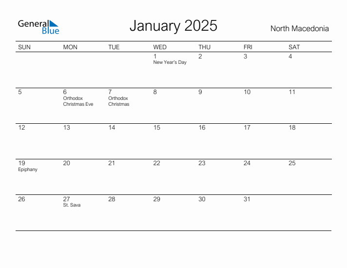 Printable January 2025 Calendar for North Macedonia