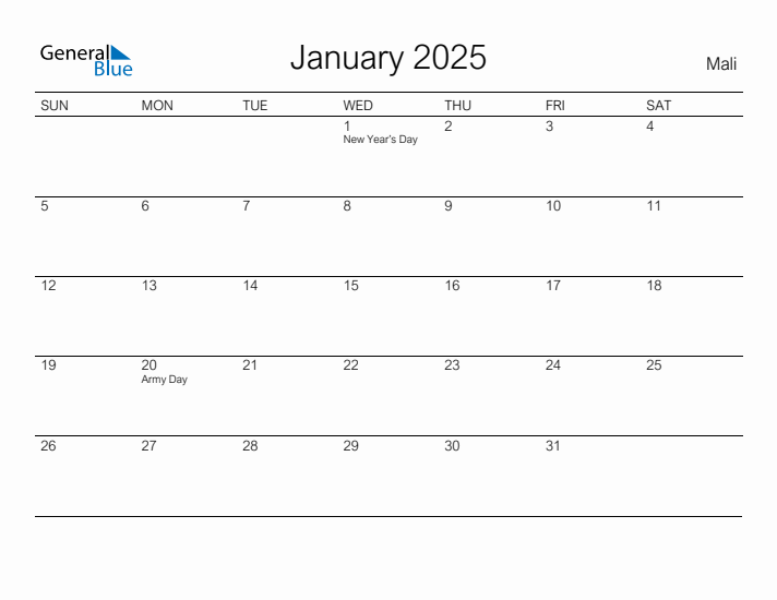 Printable January 2025 Calendar for Mali