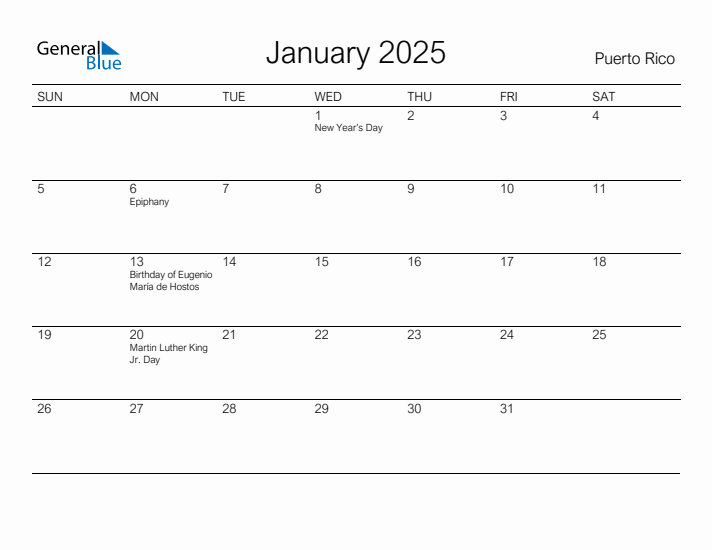 Printable January 2025 Calendar for Puerto Rico