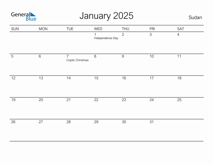 Printable January 2025 Calendar for Sudan
