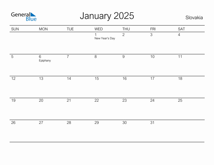 Printable January 2025 Calendar for Slovakia