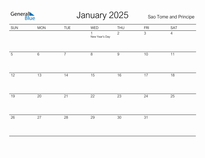 Printable January 2025 Calendar for Sao Tome and Principe
