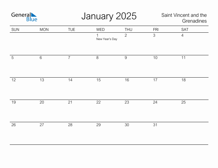 Printable January 2025 Calendar for Saint Vincent and the Grenadines