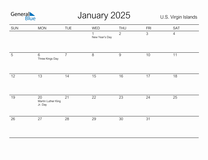 Printable January 2025 Calendar for U.S. Virgin Islands