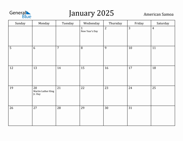 January 2025 Calendar American Samoa