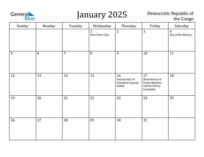 January 2025 Calendar Democratic Republic of the Congo