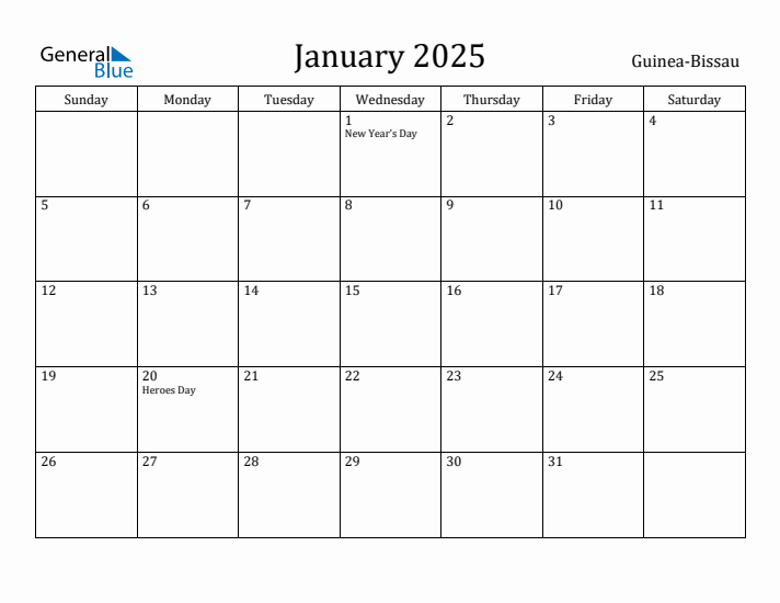 January 2025 Calendar Guinea-Bissau