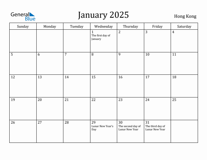 January 2025 Calendar Hong Kong