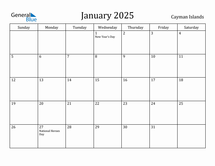 January 2025 Calendar Cayman Islands