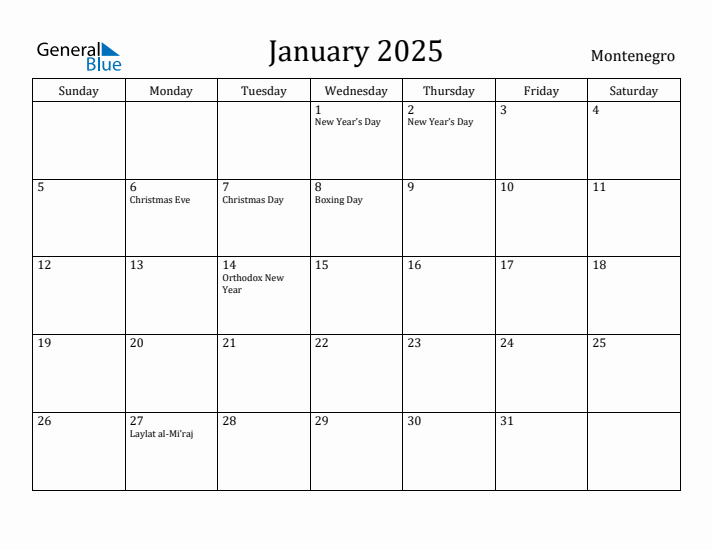 January 2025 Calendar Montenegro