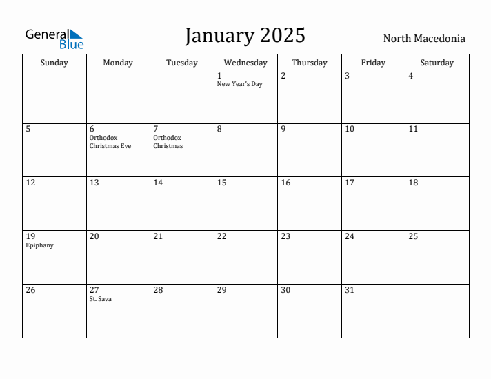 January 2025 Calendar North Macedonia
