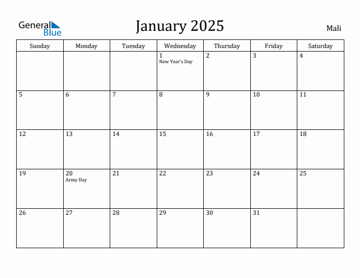 January 2025 Calendar Mali
