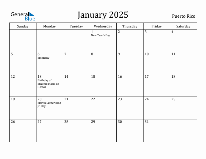 January 2025 Calendar Puerto Rico