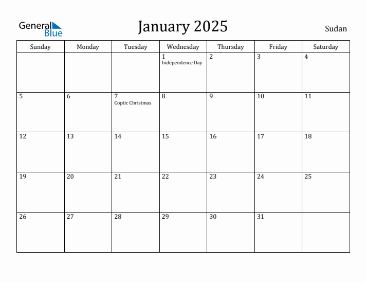 January 2025 Calendar Sudan