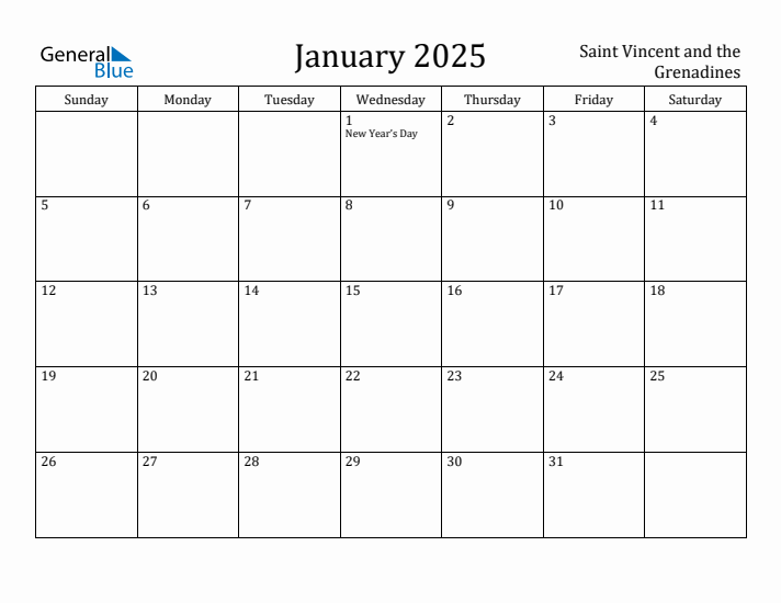 January 2025 Calendar Saint Vincent and the Grenadines