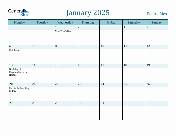January 2025 Calendar with Holidays