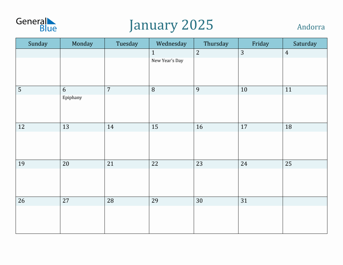 Andorra Holiday Calendar for January 2025