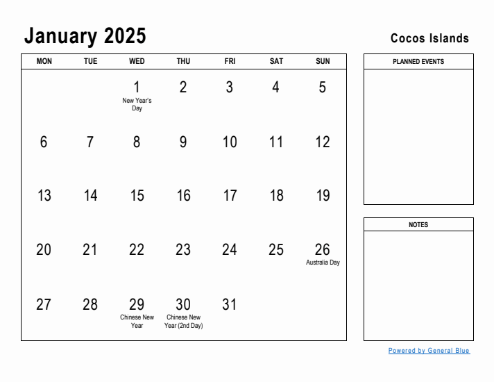 January 2025 Planner with Cocos Islands Holidays