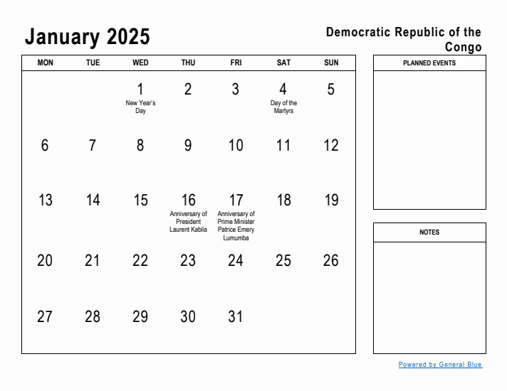 January 2025 Printable Monthly Calendar with Democratic Republic of the Congo Holidays