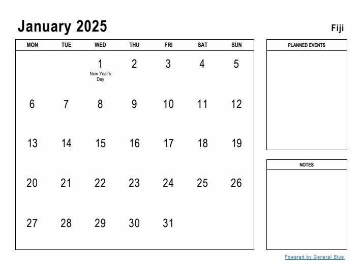January 2025 Printable Monthly Calendar with Fiji Holidays