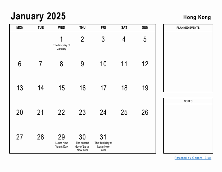 January 2025 Printable Monthly Calendar with Hong Kong Holidays