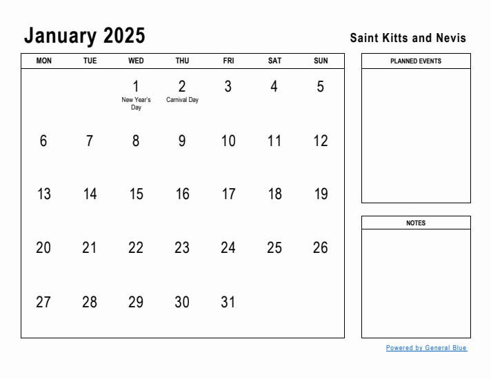 January 2025 Printable Monthly Calendar with Saint Kitts and Nevis Holidays