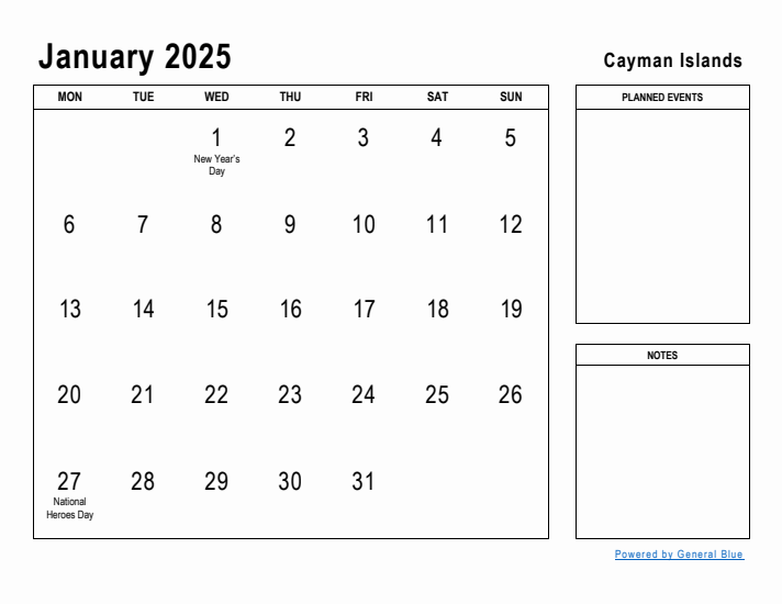 January 2025 Printable Monthly Calendar with Cayman Islands Holidays