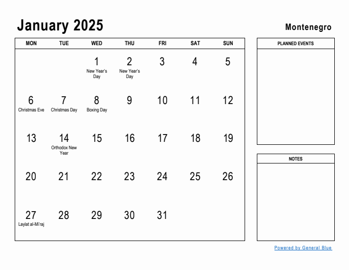 January 2025 Printable Monthly Calendar with Montenegro Holidays
