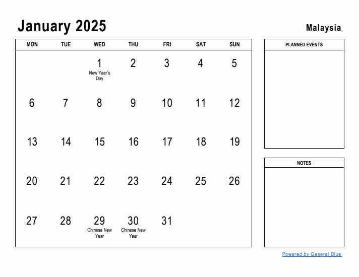 January 2025 Printable Monthly Calendar with Malaysia Holidays