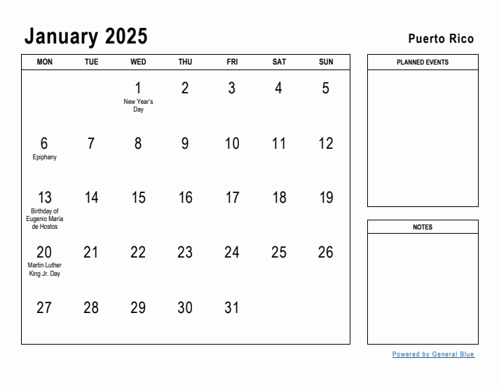 January 2025 Printable Monthly Calendar with Puerto Rico Holidays
