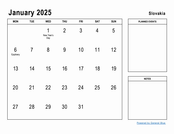 January 2025 Printable Monthly Calendar with Slovakia Holidays