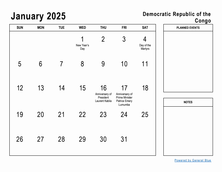 January 2025 Printable Monthly Calendar with Democratic Republic of the Congo Holidays