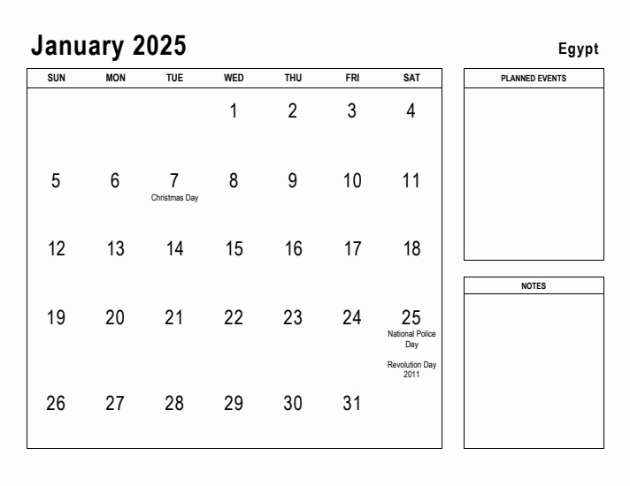 January 2025 Printable Monthly Calendar with Egypt Holidays