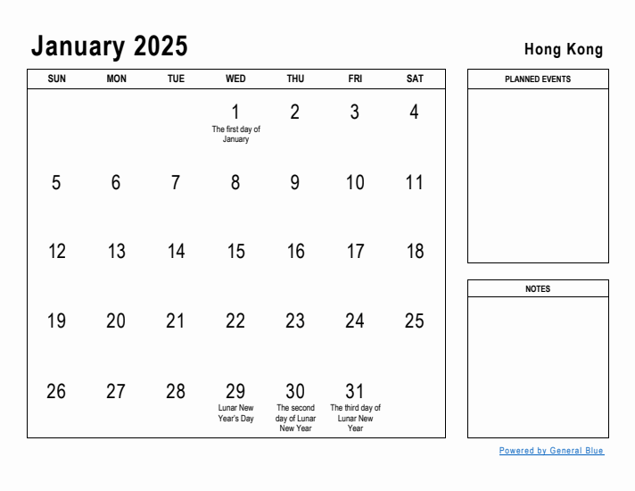 January 2025 Printable Monthly Calendar with Hong Kong Holidays