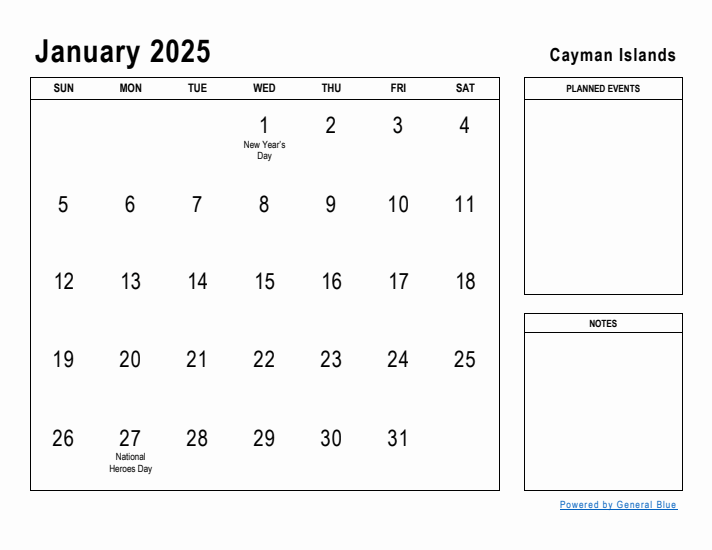January 2025 Printable Monthly Calendar with Cayman Islands Holidays