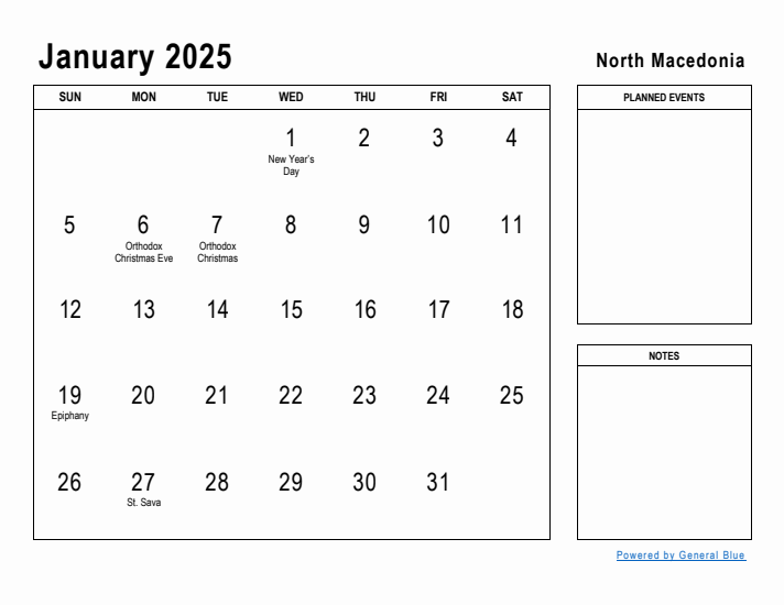 January 2025 Printable Monthly Calendar with North Macedonia Holidays