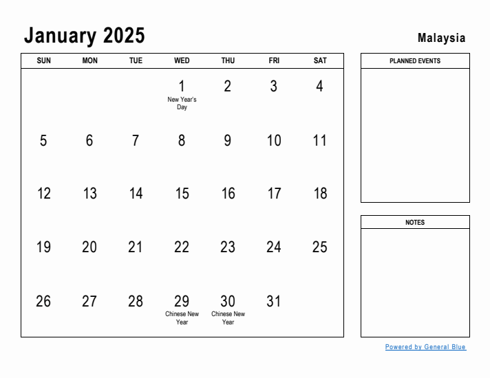 January 2025 Printable Monthly Calendar with Malaysia Holidays
