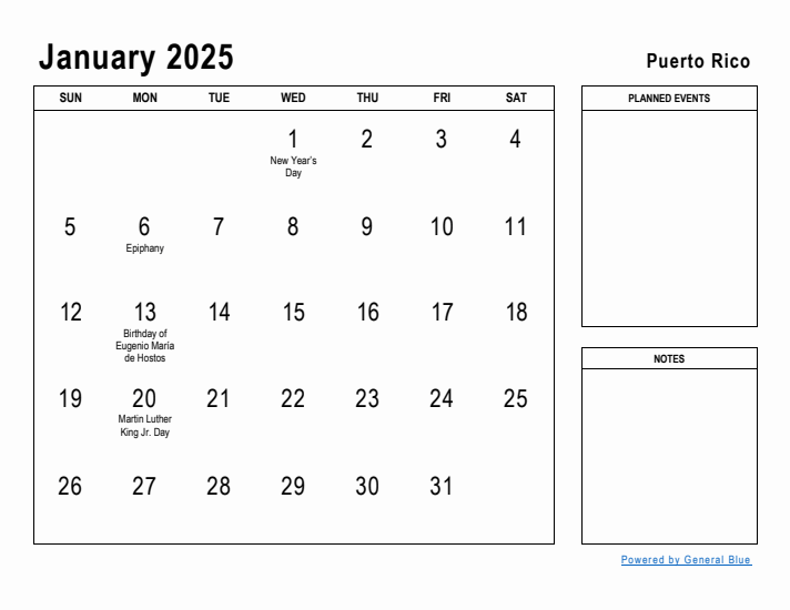 January 2025 Printable Monthly Calendar with Puerto Rico Holidays