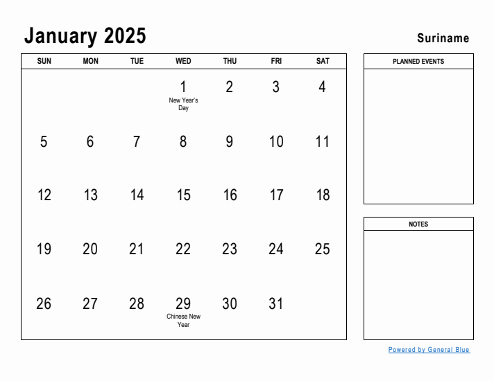 January 2025 Printable Monthly Calendar with Suriname Holidays