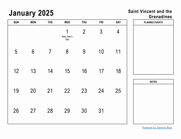 January 2025 Printable Monthly Calendar with Saint Vincent and the Grenadines Holidays