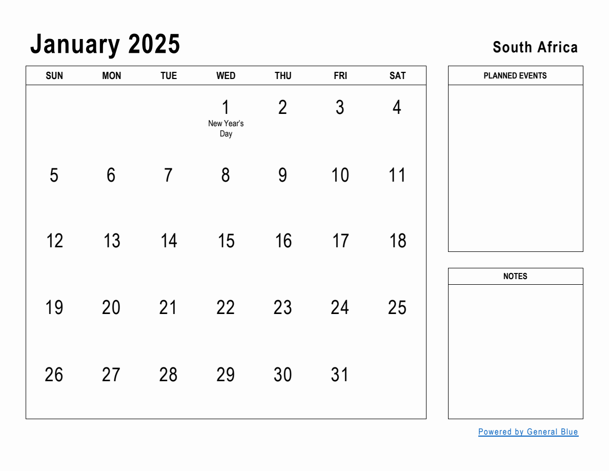 January 2025 planner with south africa holidays