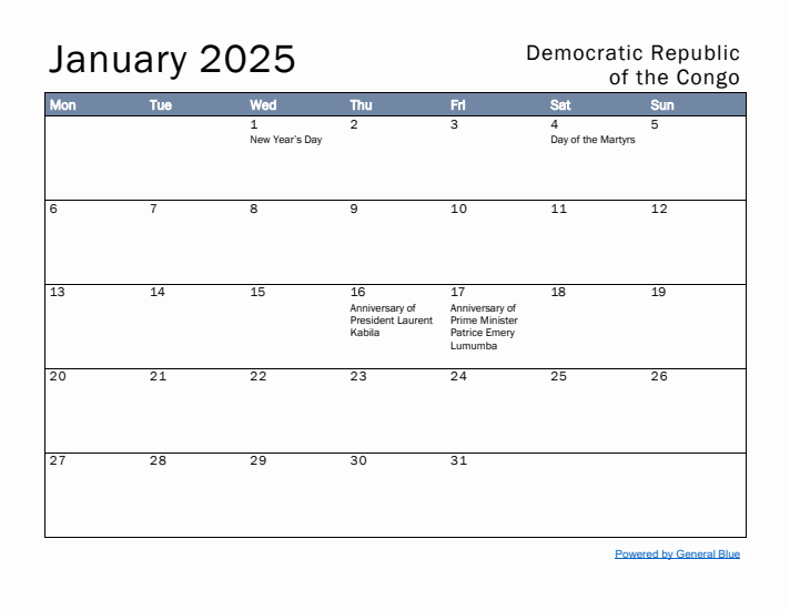 January 2025 Simple Monthly Calendar for Democratic Republic of the Congo