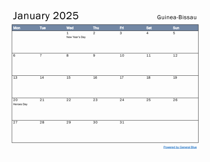 January 2025 Simple Monthly Calendar for Guinea-Bissau