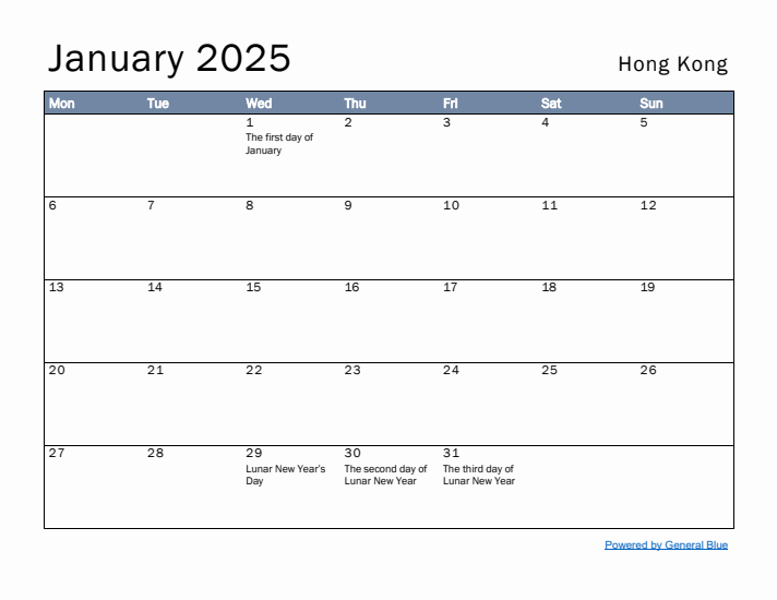 January 2025 Simple Monthly Calendar for Hong Kong
