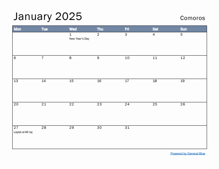 January 2025 Simple Monthly Calendar for Comoros