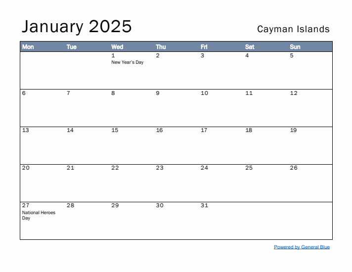 January 2025 Simple Monthly Calendar for Cayman Islands